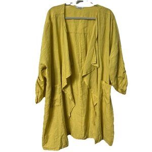Lea Rigoli Linen Cardigan Womens 1x Chartreuse Yellow Open Front Waterfall